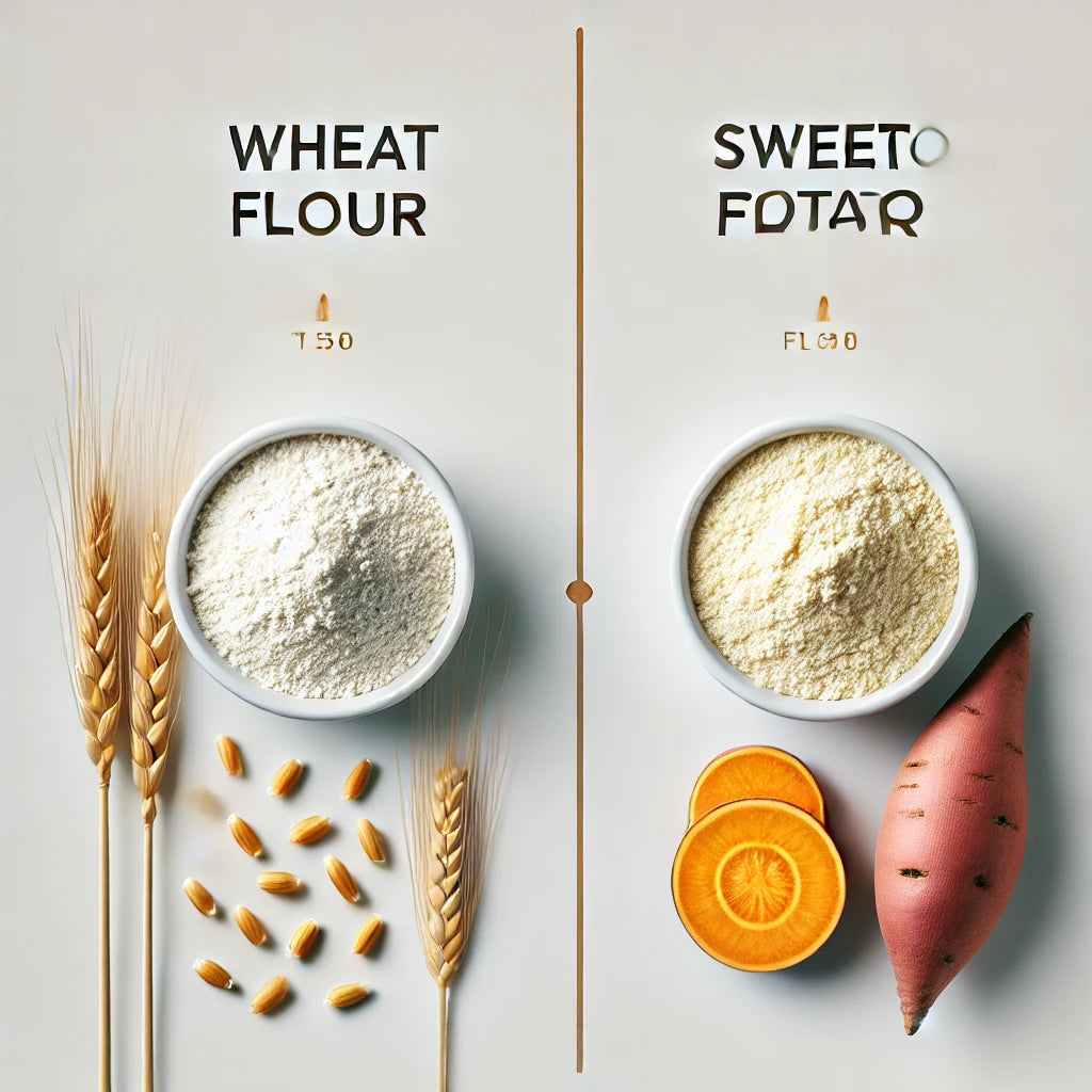 Comparaison entre la farine de blé et la farine de patate douce bio Ethical Seeds, la meilleure option pour une alimentation saine, sans gluten et adaptée aux sportifs