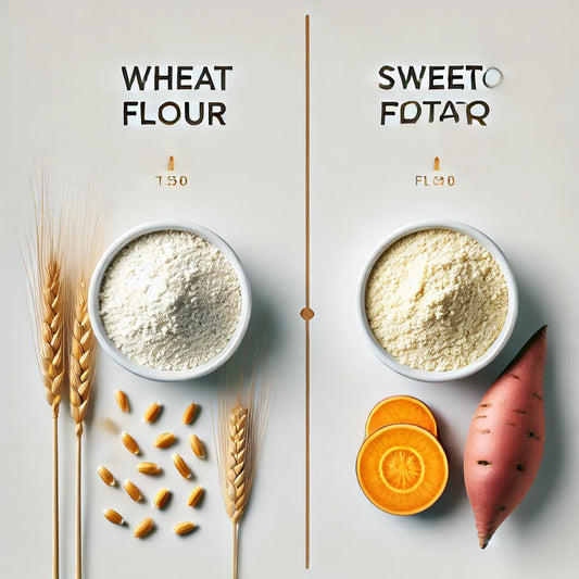 Comparaison entre la farine de blé et la farine de patate douce bio Ethical Seeds, la meilleure option pour une alimentation saine, sans gluten et adaptée aux sportifs